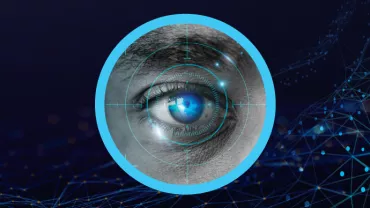 Ojo con interfaz digital y patrones de luz.