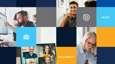 Collage de personas trabajando y videollamada, texto de reclutamiento y talento.