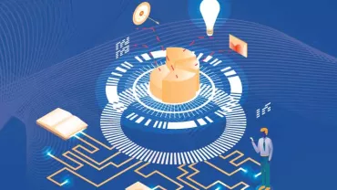 Gráfico circular rodeado de iconos tecnológicos y una figura humana en un entorno digital.