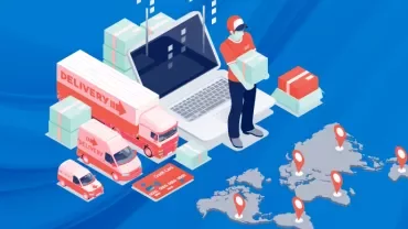 Ilustración de un repartidor con cajas, camiones de entrega y mapa con ubicaciones.