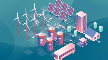 Ilustración de energía renovable con turbinas eólicas y paneles solares.