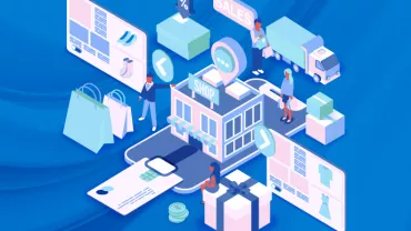 Ilustración de comercio electrónico con tienda, camión y pantallas digitales en fondo azul.