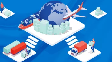 Ilustración de logística global con avión, barco y camiones.