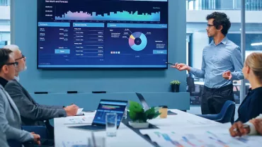 Reunión de trabajo con presentación de gráficos en una pantalla grande.