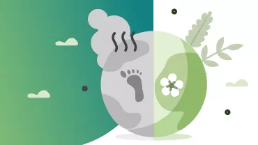 Ilustración de un planeta con una huella y elementos naturales, dividido en tonos verdes y grises.