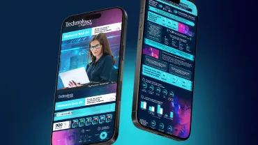 Dos smartphones mostrando una interfaz cibernética y una mujer trabajando en uno de ellos.