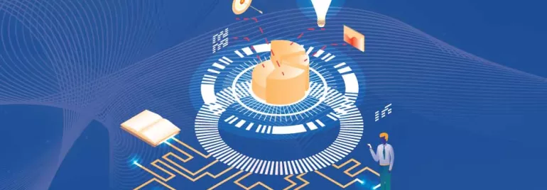 Gráfico circular rodeado de iconos tecnológicos y una figura humana en un entorno digital.