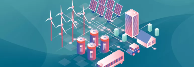 Ilustración de energía renovable con turbinas eólicas y paneles solares.