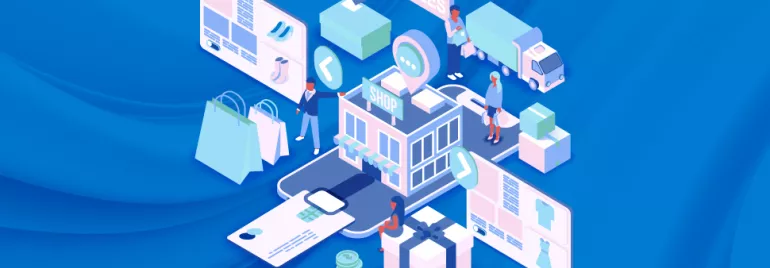 Ilustración de comercio electrónico con tienda, camión y pantallas digitales en fondo azul.