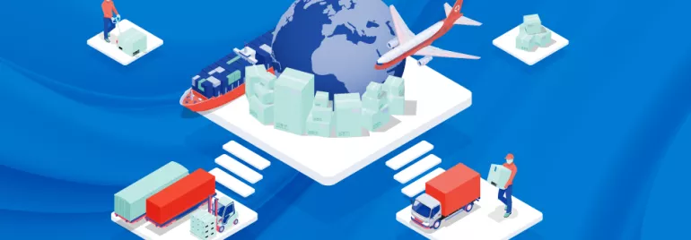 Ilustración de logística global con avión, barco y camiones.