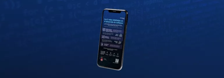 Teléfono móvil mostrando texto sobre desarrollo de software.
