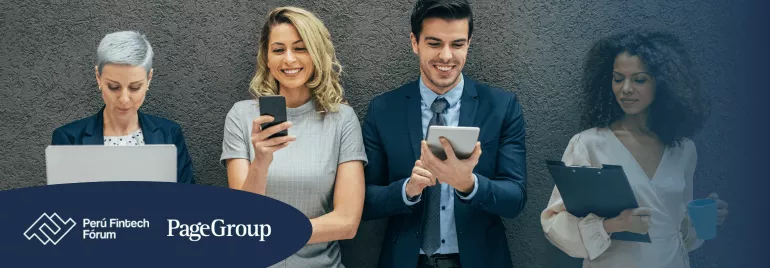Grupo de personas usando dispositivos electrónicos y cuaderno.