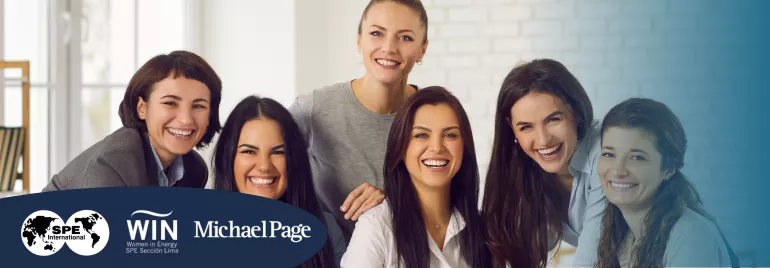 Grupo de seis mujeres sonriendo, con logotipos de SPE, WIN y Michael Page.