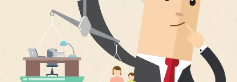 Ilustración de hombre equilibrando trabajo y familia en una balanza.