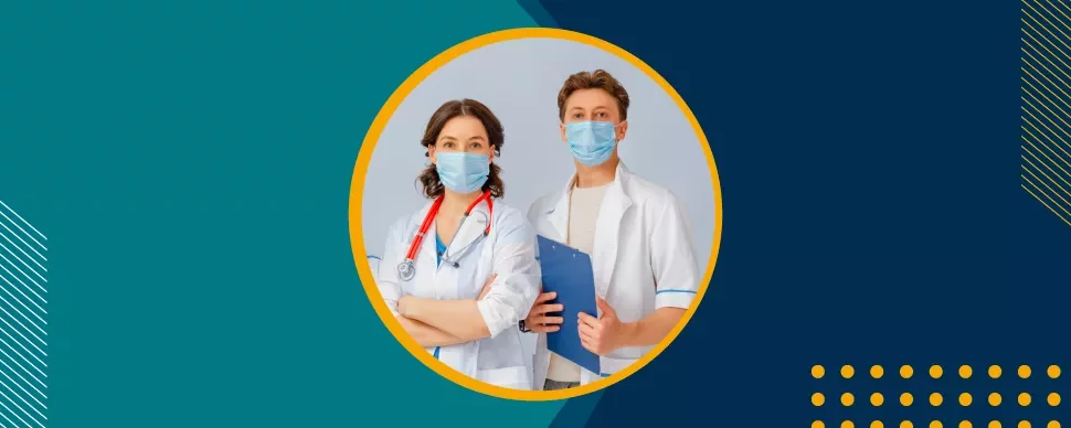 Dos médicos con mascarillas, uno con estetoscopio.