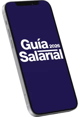 Mockup de teléfono con pantalla morada mostrando “Guía Salarial 2026”.